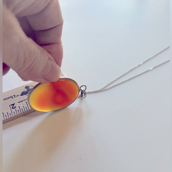 14K White Gold Chain Amber Agate Pendant Necklace 925 Silver - Picture 8 of 15